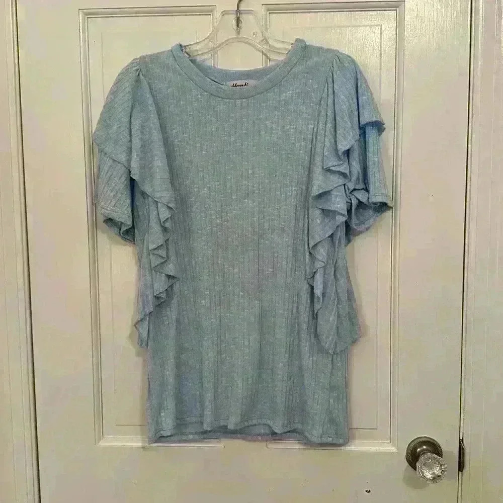 Baby Blue Ribbed Double Flutter‎ Short Sleeve Top - Picture 6 of 6